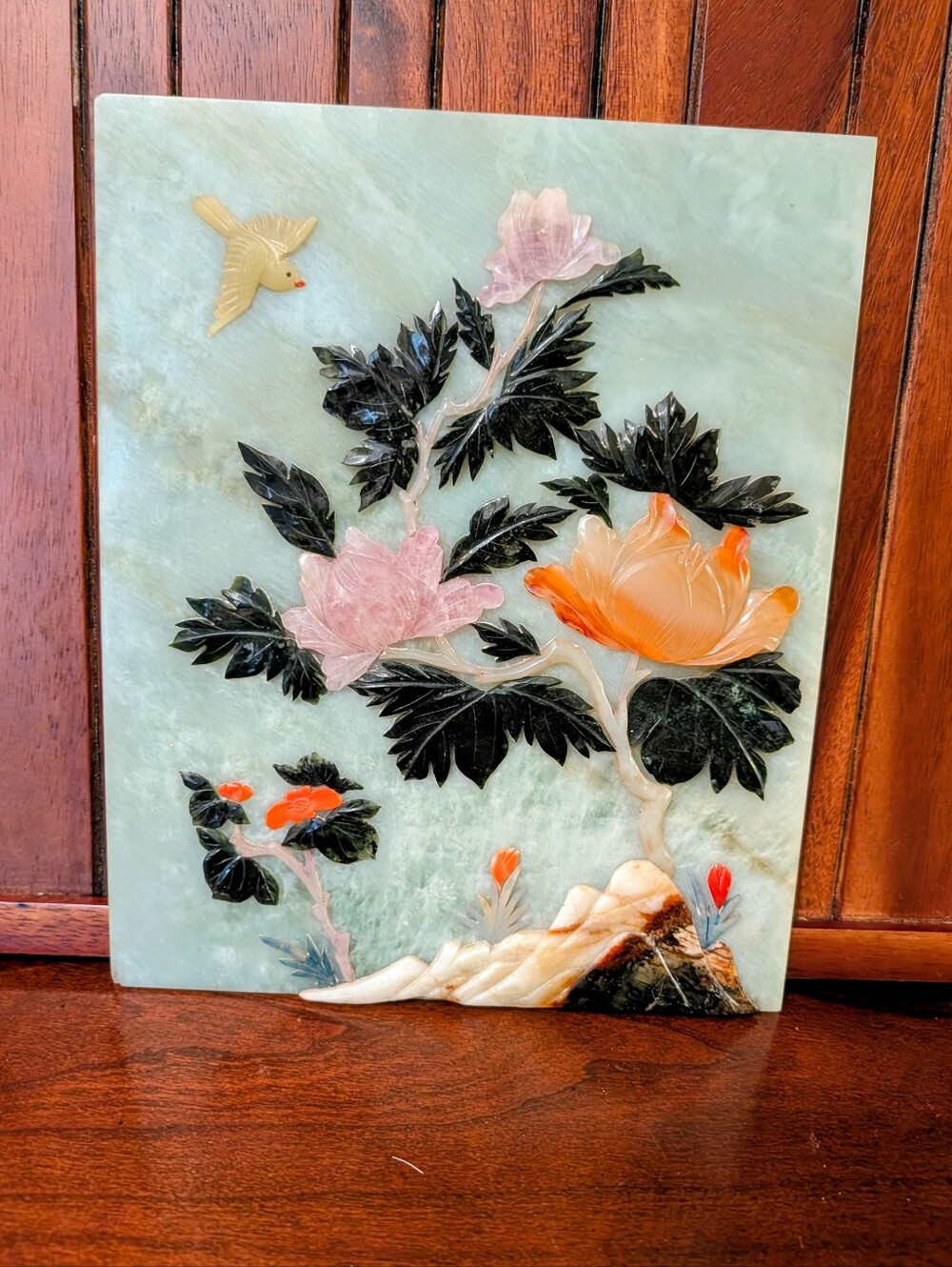 Antique Chinese Carved Jade Wall Plaque in Mint Green with Pink & Orange Accents